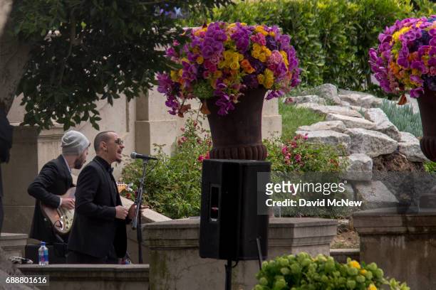Brad Delson and Chester Bennington perfom during funeral services for Soundgarden frontman Chris Cornell at Hollywood Forever Cemetery on May 26,...