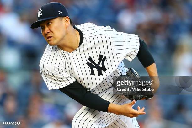 Masahiro Tanaka of the New York Yankees pitches in the second inning against the Oakland Athletics at Yankee Stadium on May 26, 2017 in the Bronx...