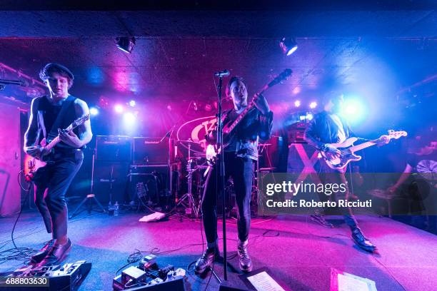 Billy Tessio, Carl Barat and Adam Claxton of Carl Barat and The Jackals perform on stage at King Tut's Wah Wah Hut on May 26, 2017 in Glasgow,...