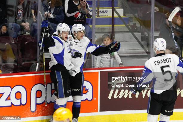 Forward Joe Veleno of the Saint John Sea Dogs celebrates his first period goal against the Erie Otters on May 26, 2017 during the semifinal game of...