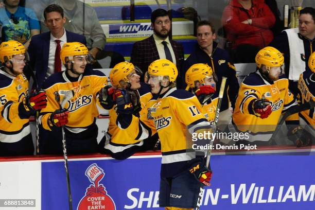 Forward Taylor Raddysh of the Erie Otters celebrates his second period goal against the Saint John Sea Dogs on May 26, 2017 during the semifinal game...