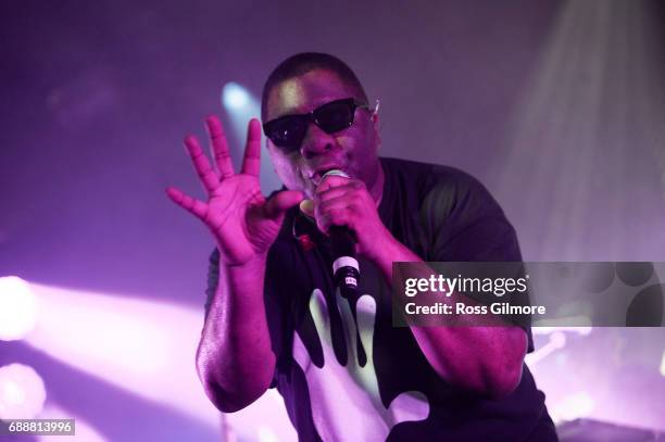 Rapper Jim Jim performs with Leftfield at Barrowlands Ballroom on May 26, 2017 in Glasgow, Scotland.