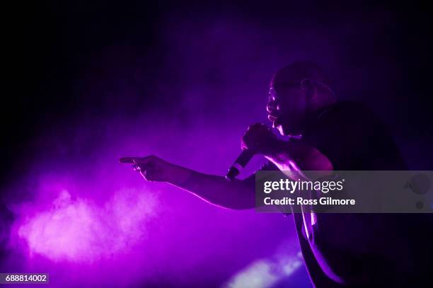 Rapper Jim Jim performs with Leftfield at Barrowlands Ballroom on May 26, 2017 in Glasgow, Scotland.