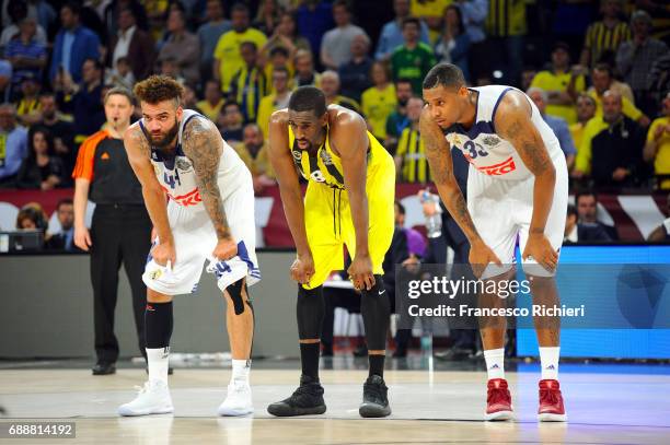 Jeffery Taylor, #44 of Real Madrid, Ekpe Udoh, #8 of Fenerbahce Istanbul and Trey Thompinks, #33 of Real Madrid during the Turkish Airlines...