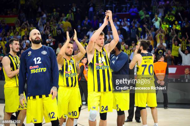 Pero Antic, #12 of Fenerbahce Istanbul, Melih Mahmutoglu, #10 of Fenerbahce Istanbul and Jan Vesely, #24 of Fenerbahce Istanbul after the Turkish...