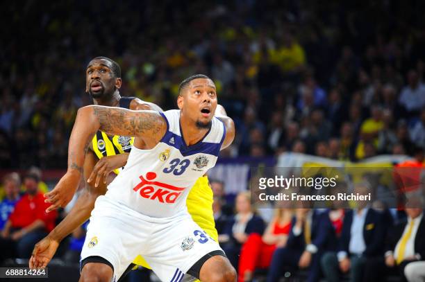 Trey Thompinks, #33 of Real Madrid competes with Ekpe Udoh, #8 of Fenerbahce Istanbul during the Turkish Airlines EuroLeague Final Four Semifinal A...