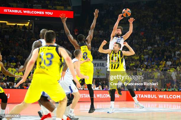 Sergio Llull, #23 of Real Madrid in action during the Turkish Airlines EuroLeague Final Four Semifinal A game between Fenerbahce Istanbul v Real...