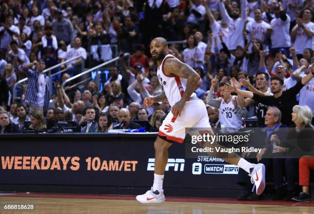 Tucker of the Toronto Raptors runs up the court in the second half of Game Four of the Eastern Conference Semifinals against the Cleveland Cavaliers...