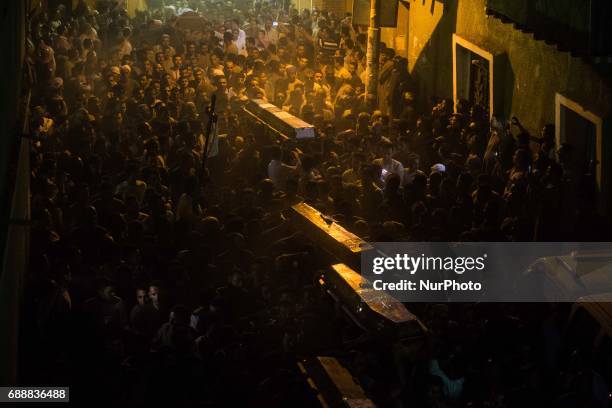 Funeral service of Christians who were killed during a bus attack, at Abu Garnous Cathedral in Minya, Egypt, Friday, May 26, 2017. Egyptian security...