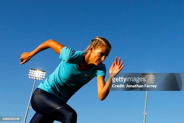 Daria Klishina warms up in the long lump during the 2017 Prefontaine Classic Diamond Leagueat Hayward Field on May 26, 2017 in Eugene, Oregon.