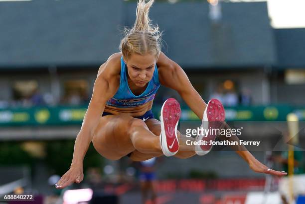 Daria Klishina jumps in the long lump during the 2017 Prefontaine Classic Diamond Leagueat Hayward Field on May 26, 2017 in Eugene, Oregon.