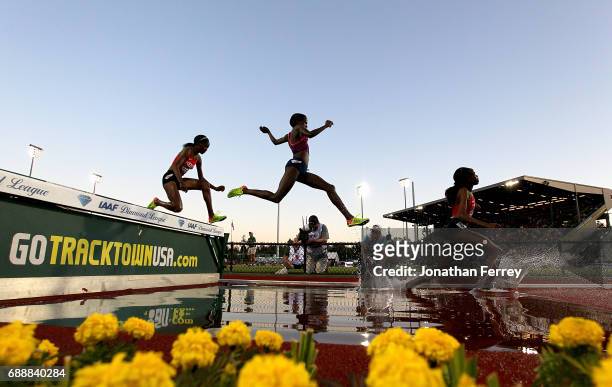 Celliphine Chepteek Chespol of Ethiopia jumps in the water pit during the 3000m Steeplechase during the 2017 Prefontaine Classic Diamond Leagueat...