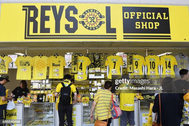 Fans check an official marchandise shop prior to the J.League J1 match between Kashiwa Reysol and Omiya Ardija at Hitachi Kashiwa Soccer Stadium on...
