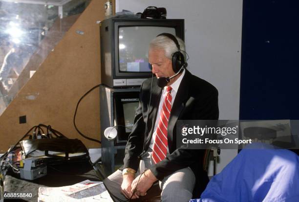 Football analyst Bill Walsh prepares for an NFL Football game circa 1990. Walsh coached the San Francisco 49ers from 1979-88.