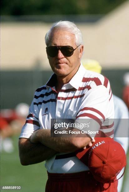 Head coach Bill Walsh of the Stanford Cardinal looks on during practice circa 1992 at Stanford University in Palo Alto, California.