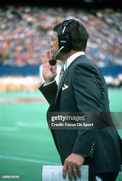 Head Coach Dan Reeves of the New York Giants looks on from the sidelines during an NFL football game circa 1993 at Giants Stadium in East Rutherford,...