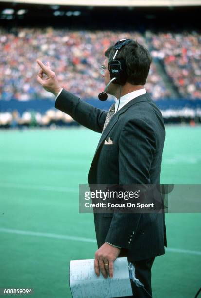 Head Coach Dan Reeves of the New York Giants looks on from the sidelines during an NFL football game circa 1993 at Giants Stadium in East Rutherford,...