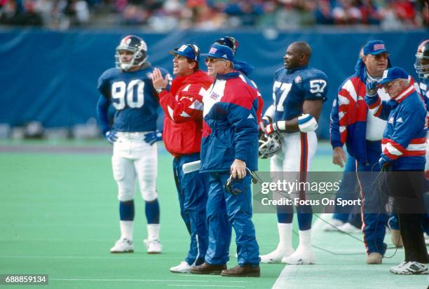 Head Coach Dan Reeves of the New York Giants looks on from the sidelines during an NFL football game circa 1994 at Giants Stadium in East Rutherford,...