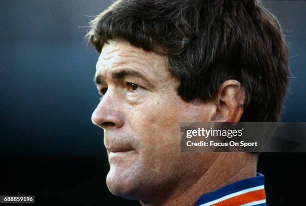 Head Coach Dan Reeves of the Denver Broncos looks on from the sidelines during an NFL football game circa 1981. Reeves was the head coach of the...