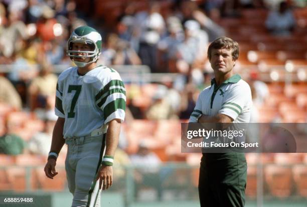 Head coach Dick Vermeil of the Philadelphia Eagles looks on with quarterback Ron Jaworski during pregame warmups prior to the start of an NFL...