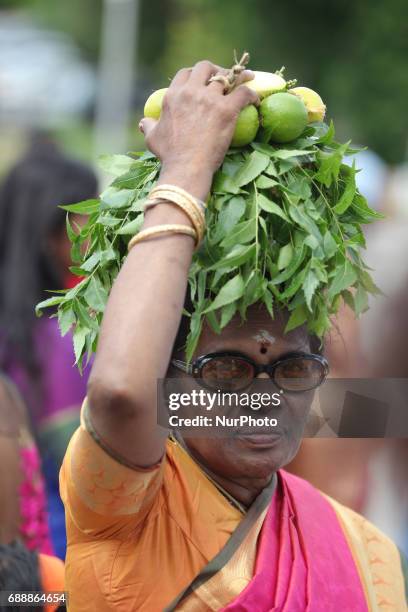 Tamil Hindu devotee carrying a pot of milk covered with limes and margosa leaves on her head during the Murugan Ther Festival at a Tamil Hindu temple...
