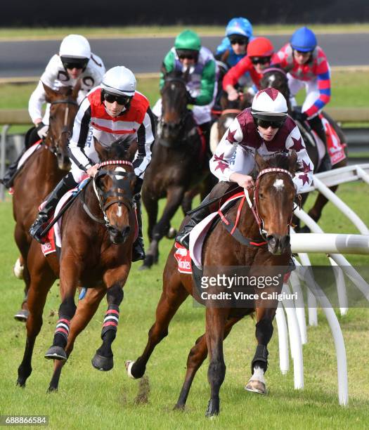 John Allen riding Renew races away to win Race 4, The Australian Hurdle during Melbourne Racing at Sandown Lakeside on May 27, 2017 in Melbourne,...