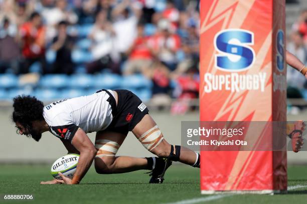 Sam Wykes of the Sunwolves reacts after scoring a try during the Super Rugby Rd 14 match between Sunwolves and Cheetahs at Prince Chichibu Memorial...