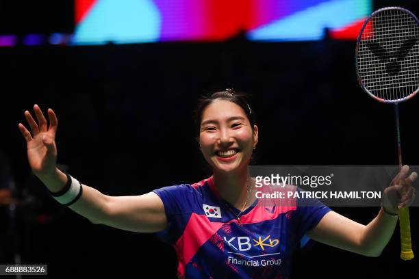Sung Ji Hyun of South Korea celebrates her victory following the women's singles Sudirman Cup match against Ratchanok Intanon of Thailand at the Gold...