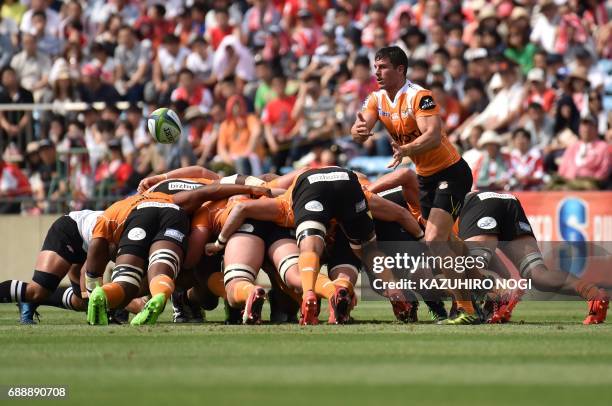 Cheetahs scrum-half Shaun Venter passes the ball from a scrum during the Super Rugby match between the Sunwolves of Japan and the Cheetahs of South...