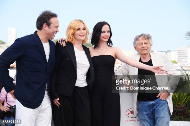 Actor Vincent Perez, actresses Emmanuelle Seigner, Eva Green and director Roman Polanski attend the "Based On A True Story" photocall during the 70th...