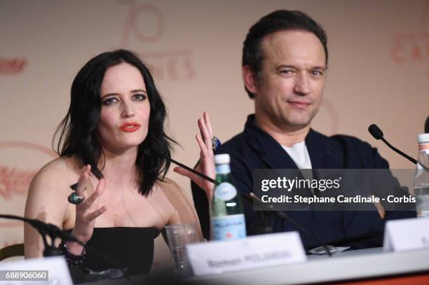 Actors Eva Green and Vincent Perez attend the "Based On A True Story" Press Conference during the 70th annual Cannes Film Festival at Palais des...