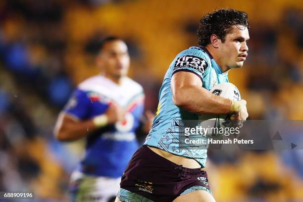 James Roberts of the Broncos makes a break to score a try during the round 12 NRL match between the New Zealand Warriors and the Brisbane Broncos at...