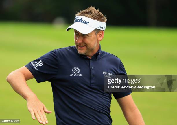 Ian Poulter of England gestures during day three of the BMW PGA Championship at Wentworth on May 27, 2017 in Virginia Water, England.