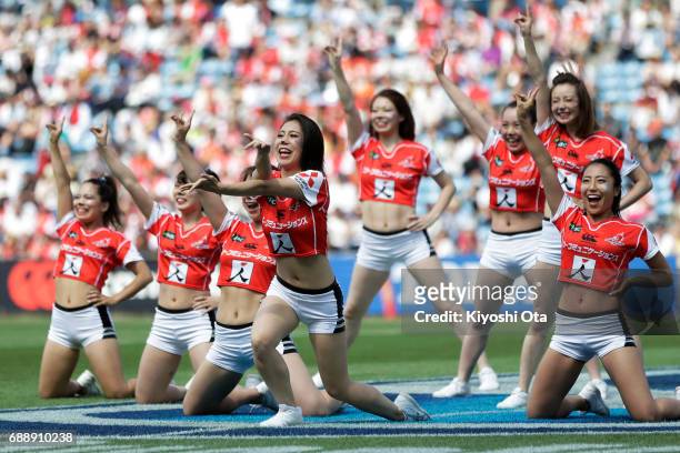 Cheerleaders for Sunwolves perform prior to the Super Rugby Rd 14 match between Sunwolves and Cheetahs at Prince Chichibu Memorial Ground on May 27,...