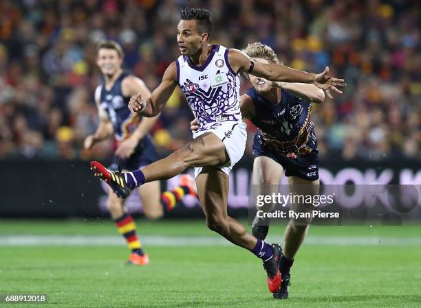 Danyle Pearce of the Dockers kicks during the round 10 AFL match between the Adelaide Crows and the Fremantle Dockers at Adelaide Oval on May 27,...