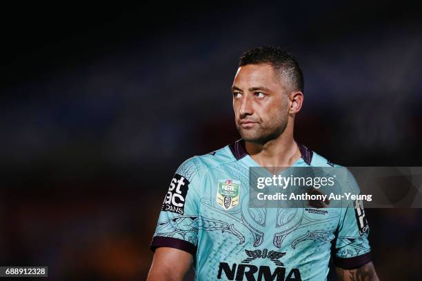 Benji Marshall of the Broncos looks on during the round 12 NRL match between the New Zealand Warriors and the Brisbane Broncos at Mt Smart Stadium on...