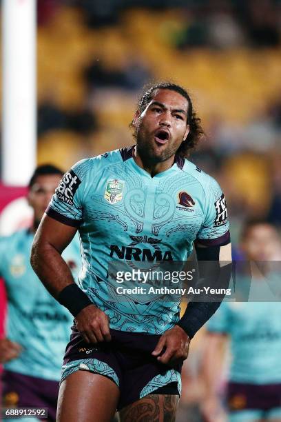 Adam Blair of the Broncos reacts during the round 12 NRL match between the New Zealand Warriors and the Brisbane Broncos at Mt Smart Stadium on May...