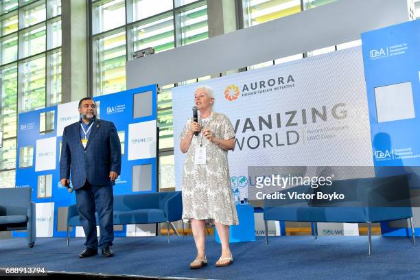 Aurora Humanitarian Initiative Co-Founder Ruben Vardanyan and Head of UWC Dilijan Denise Davidson during the Galvanizing the World Session at the...