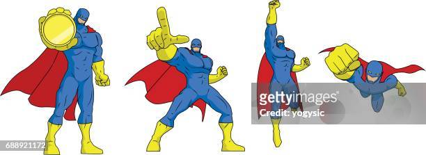 vector superhero poses set isolated in white - punch stock illustrations
