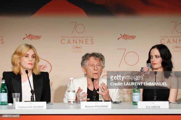 French-Polish director Roman Polanski talks on May 27, 2017 during a press conference with French actress Emmanuelle Seigner and French actress Eva...