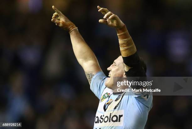 Paul Gallen of the Sharks celebrates victory in the round 12 NRL match between the Cronulla Sharks and the Canterbury Bulldogs at Southern Cross...