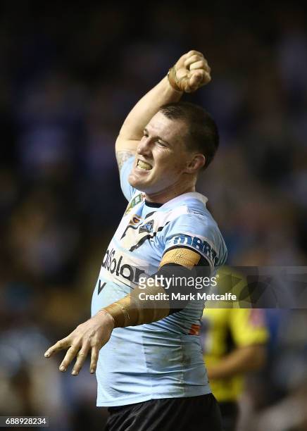Paul Gallen of the Sharks celebrates victory in the round 12 NRL match between the Cronulla Sharks and the Canterbury Bulldogs at Southern Cross...