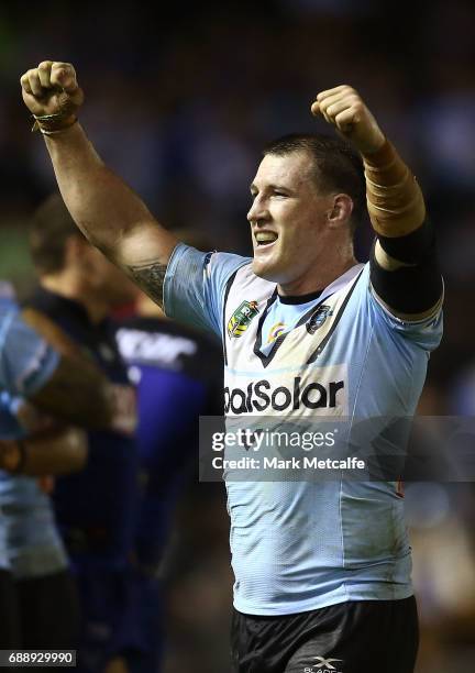 Paul Gallen of the Sharks celebrates victory in the round 12 NRL match between the Cronulla Sharks and the Canterbury Bulldogs at Southern Cross...