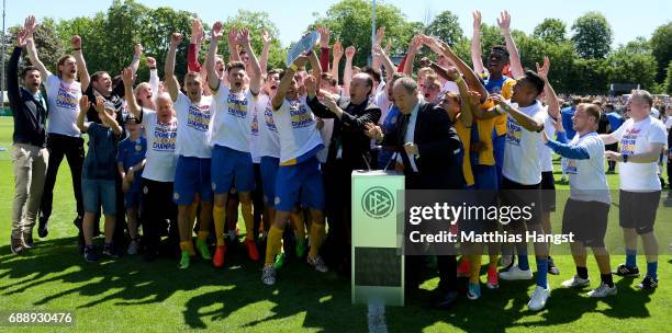 Xxx of Braunschweig challenges xxx of Jena during the DFB Juniors Cup Final 2017 between Eintracht Braunschweig U19 and FC Carl Zeiss Jena U19 at...