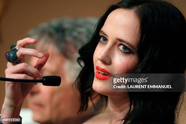 French actress Eva Green talks on May 27, 2017 during a press conference for the film 'Based on a True Story' at the 70th edition of the Cannes Film...
