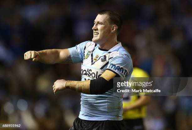 Paul Gallen of the Sharks celebrates victory in the round 12 NRL match between the Cronulla Sharks and the Canterbury Bulldogs at Southern Cross...