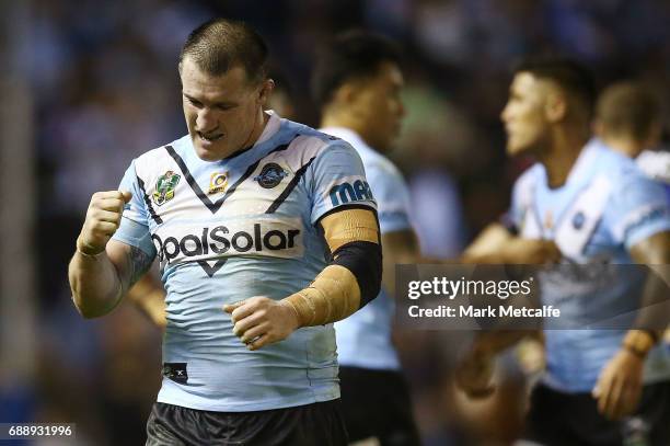 Paul Gallen of the Sharks celebrates victory in the round 12 NRL match between the Cronulla Sharks and the Canterbury Bulldogs at Southern Cross...