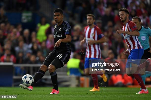 Casemiro of Real Madrid in action during the UEFA Champions League Semi Final second leg match between Club Atletico de Madrid and Real Madrid CF at...