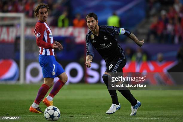 Sergio Ramos of Real Madrid in action during the UEFA Champions League Semi Final second leg match between Club Atletico de Madrid and Real Madrid CF...