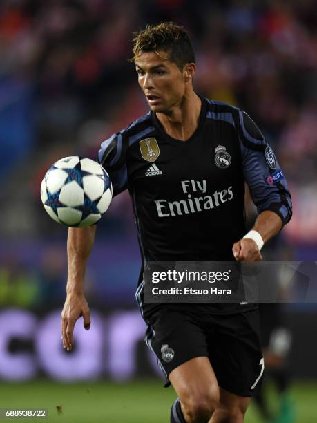 Cristiano Ronaldo of Real Madrid in action during the UEFA Champions League Semi Final second leg match between Club Atletico de Madrid and Real...